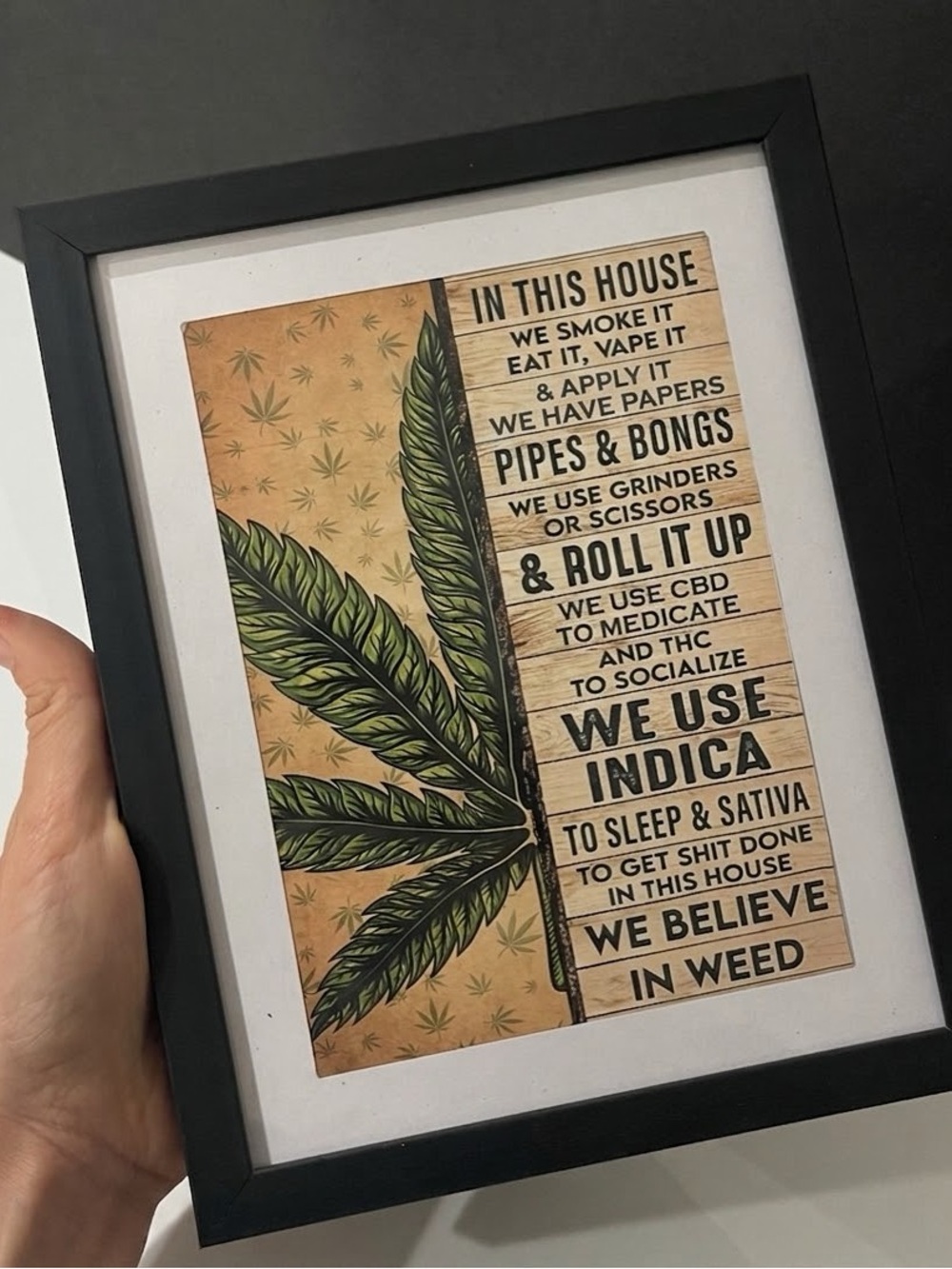 Framed Art Print Of Weed, Cannabis, Vintage Wall Decor, Print,  Indica Leaf